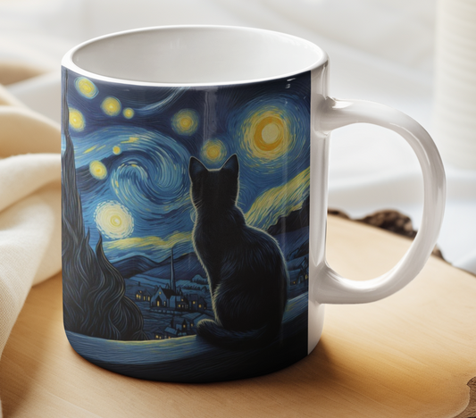 Taza Gatito Negro en la Noche Estrellada - Taza Van Gogh