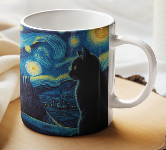 Taza Gatito Negro Mirando la Noche Estrellada - Taza Van Gogh